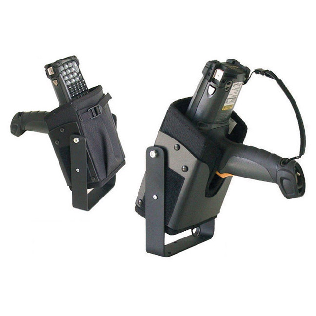 Vehicle top mounted bracketed holster w safety strap for Zebra-Motorola MC9090G.